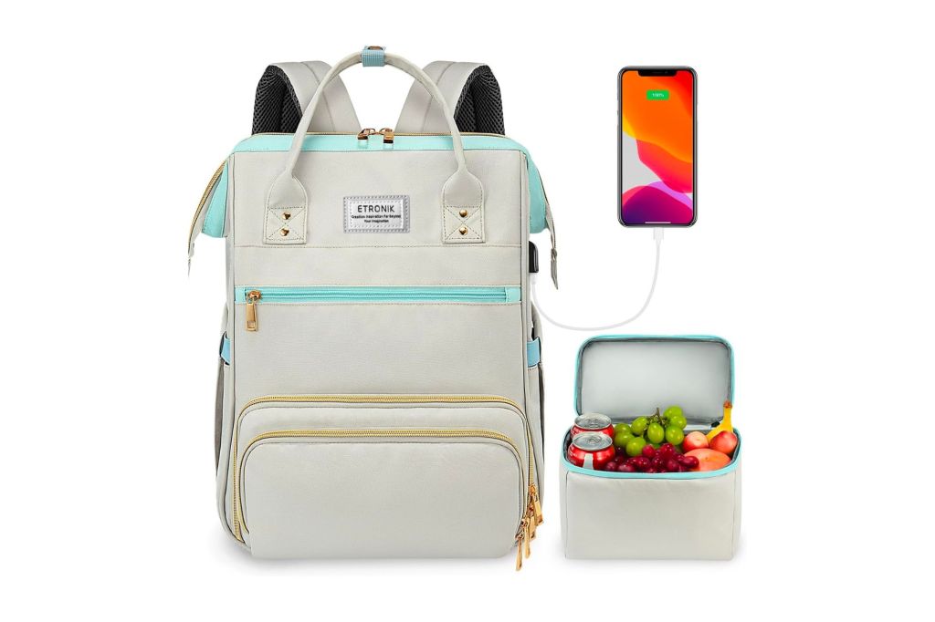 Silver and aqua women's backpack with lunch container and usb charge with phone.