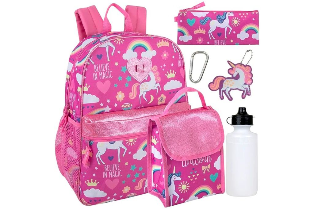 Six in one lunch box and backpack in unicorn print with water bottle.