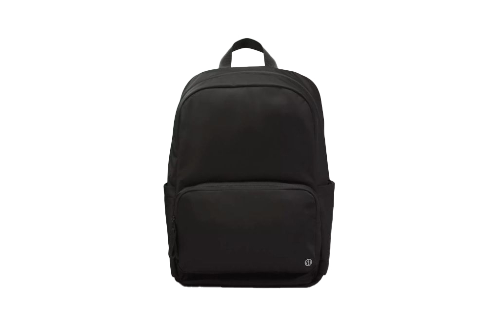 A black backpack with a white logo