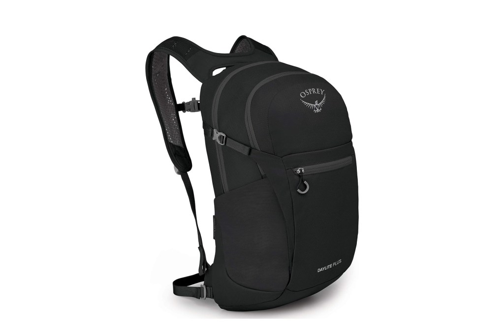 A black backpack against a white background